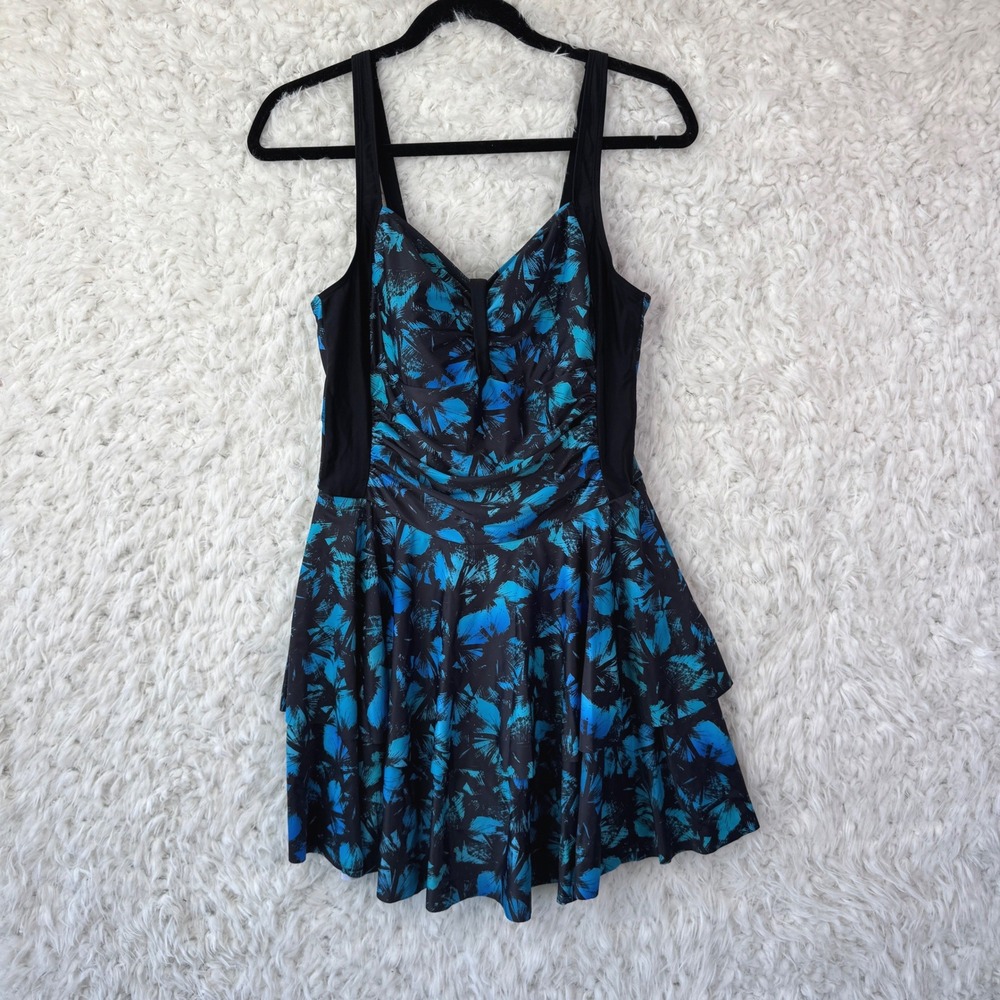 Halcurt Swimdress Size L Blue Tropical Palm Leaf New One Piece Modest‎ Vacation